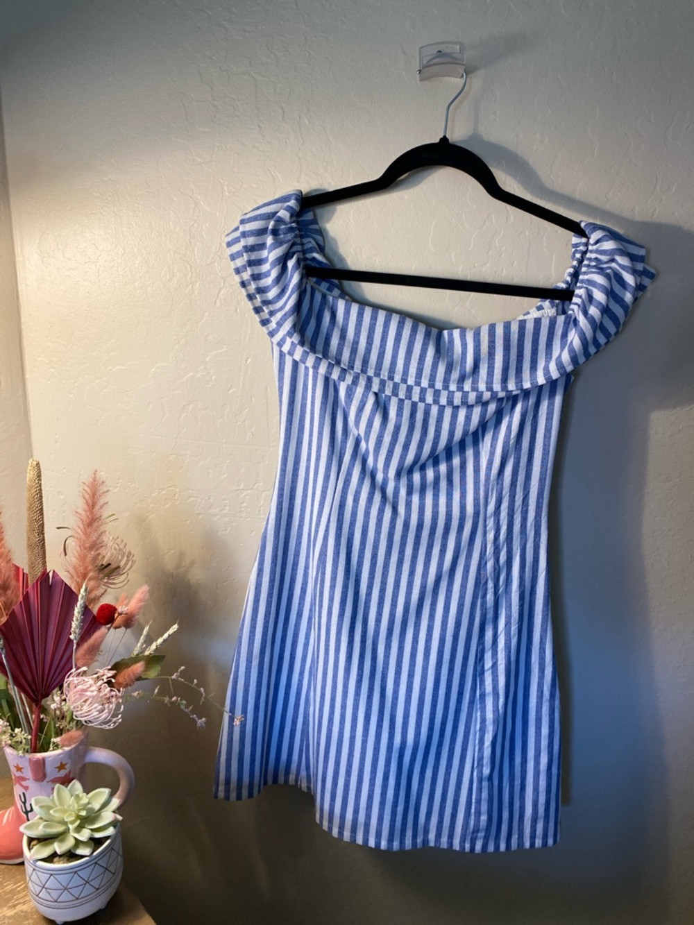 Lulu's Blue and White Striped Off-Shoulder Top